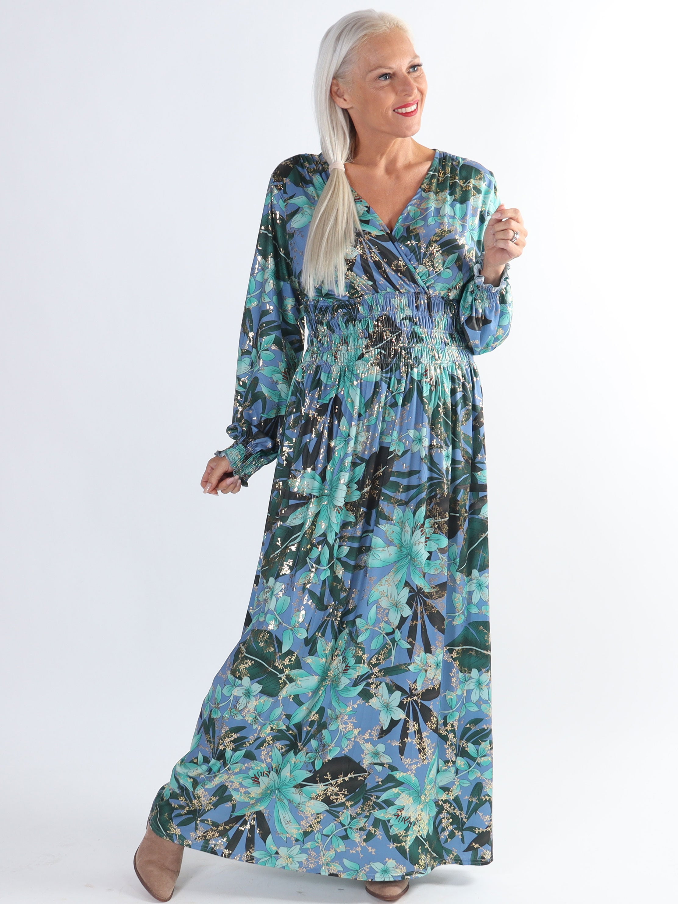 Pams L/S - Plus size elastisk klänning i skrynkelfritt tyg med långa ärmar